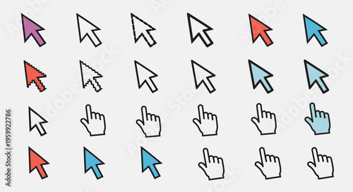 A collection of various colored and styled computer mouse arrow and hand cursors.