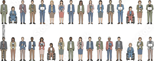 diverse group of professional business people standing together in line, modern cartoon flat vector illustration.