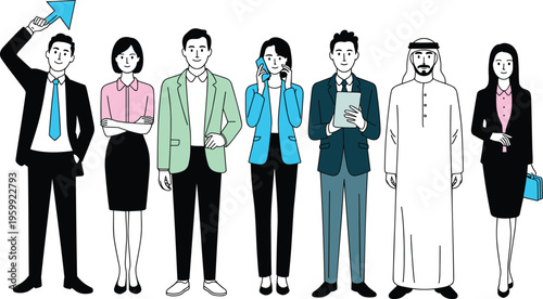 Group of professional business characters holding digital devices and charts standing together in front view.