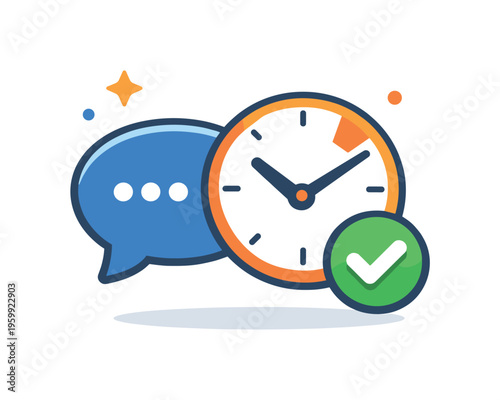 Asynchronous communication and flexible workflow focused on collaborating without real-time meetings in modern remote teams, a chat bubble combined with a clock and a small