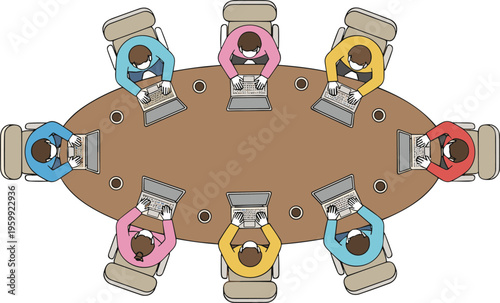 Top view of business team sitting around oval conference table using laptops for corporate group workshop.