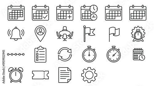 Set of 20 Black Outline Time and Schedule Management Icons Vector