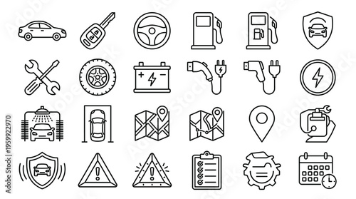 Set of 30 Car Service and Electric Vehicle Line Icons Vector