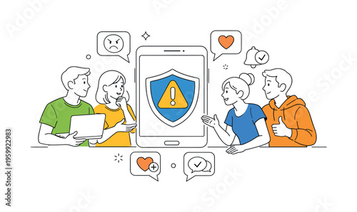 A digital safety scenario where individuals address and prevent harmful interactions within online communities through awareness and support systems, visualized through a small