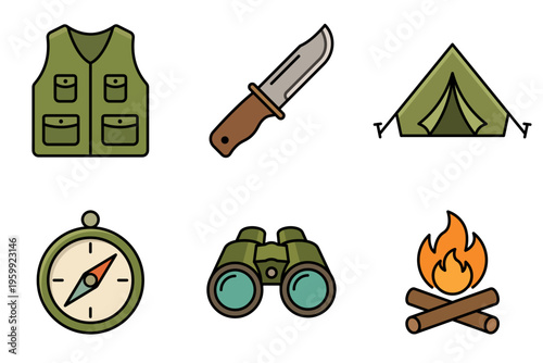 Set of colorful flat vector hunting and camping icons featuring outdoor gear like a compass, knife, and tent