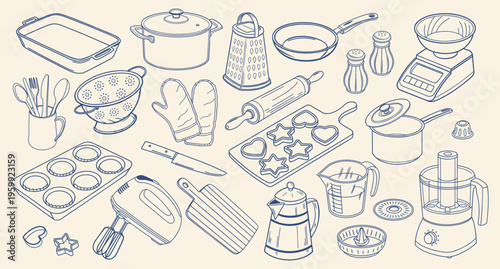 Set of hand drawn kitchen utensils and cooking tools. Home cooking set with pots, pans, knives and accessories. Sketch.