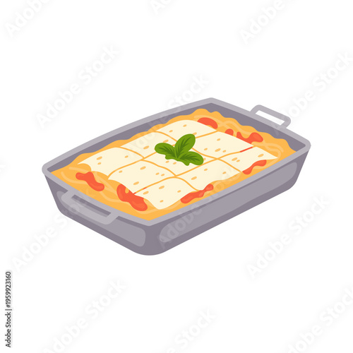 Illustration of lasagna in a baking dish on a white background. Food illustration.