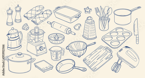 Collection of hand drawn kitchen utensils and cooking tools. Home cooking set with pots, pans, knives and accessories. Outline illustration.