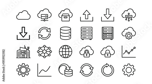 Set of 25 Black Line Data Cloud and Server Icons Vector