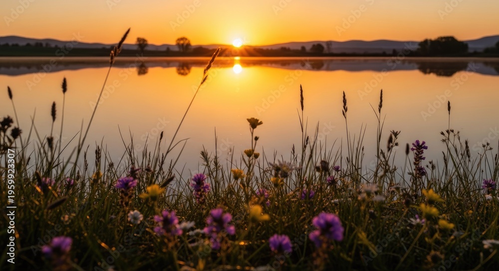 Obraz premium Tranquil sunrise over calm lake silhouetted mountains vibrant sky reflections