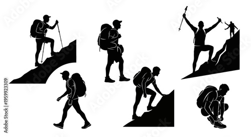 Hiking Silhouettes: Diverse Poses of Hikers on Mountains, Adventure and Outdoor Activity