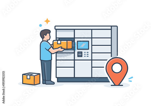 Dropping off a package at an automated parcel locker in a modern urban logistics routine, illustrating convenient self-service shipping and organized delivery management during