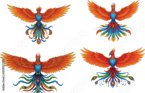 Majestic phoenix bird collection with colorful open wings and ornate tail feathers isolated on white background mythical fire bird vector