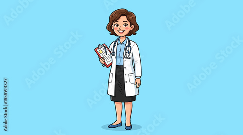 A cartoon female doctor standing confidently.