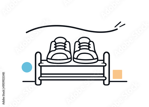 Keeping entryway shoes aligned and easily accessible in small living spaces emphasizing order and daily convenience, a pair of shoes placed neatly on a simple rack with a guiding