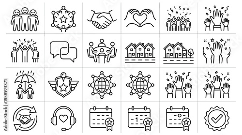 Set of 20 Black Outline Community and Partnership Icons Vector