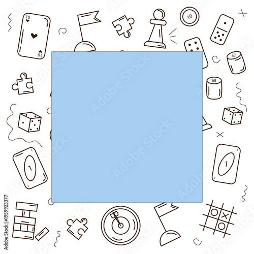 Linear pattern of board game icons with a frame template for text