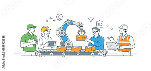 A factory automation and process management concept illustrating an assembly line as a coordinated system of production, showing workers and engineers collaborating around three