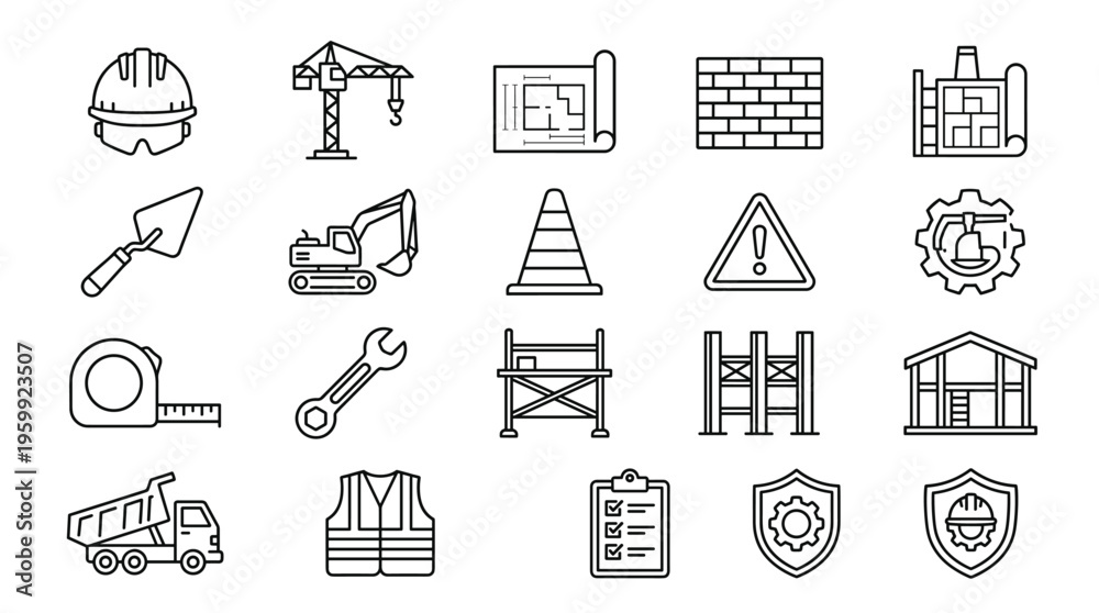 Fototapeta premium Set of 20 Black and White Outline Construction Industry Icons Vector