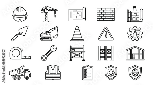 Set of 20 Black and White Outline Construction Industry Icons Vector