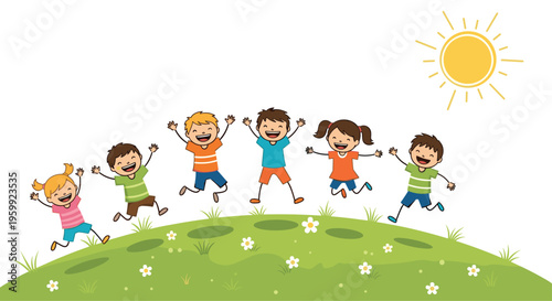 Group of diverse happy children jumping and playing on a green grassy hill under a bright yellow sun in a flat style illustration.