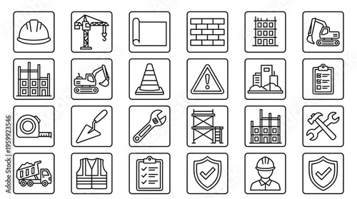 Set of 25 Construction and Building Outline Icons Vector