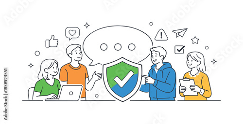 An online community management context where teams implement tools and guidelines to reduce harassment and promote positive user behavior across platforms, represented by a small