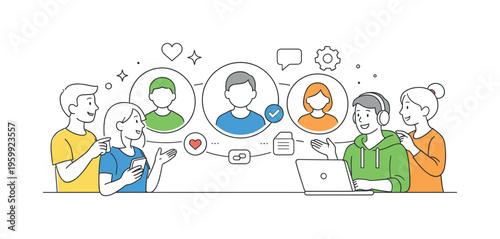 A digital platform scenario where users create and manage personal profiles to represent their identity within online communities and services, visualized through a small group