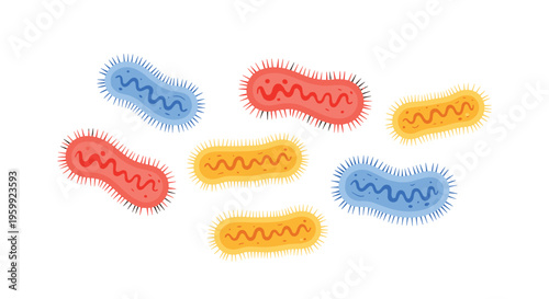 Collection of colorful stylized bacteria and germ icons showing various shapes and colors like red blue and yellow on white background.