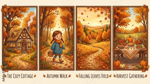 a set of four autumn themed illustrations.