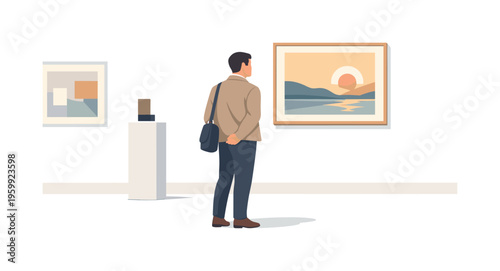 Art exhibition and cultural experience scene showing a visitor walking through a gallery hall and observing curated artworks in a calm and refined environment, with a character