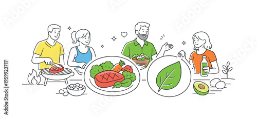 A nutrition and healthy lifestyle scene focused on the paleo diet as a natural eating approach, where a small group prepares meals based on whole foods around two main objects: a