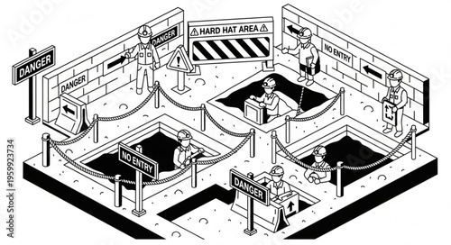 Humorous Depiction of Bureaucracy with Workers in Holes.