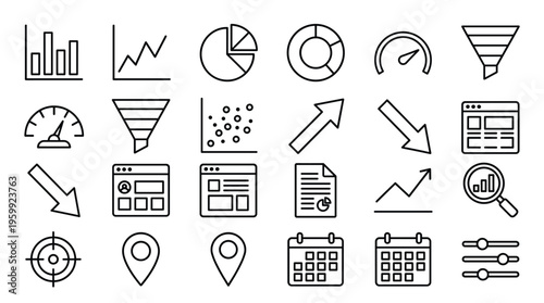 Set of 30 Black Outline Data Analytics and Business Icons Vector