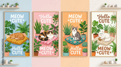 Cute cat posters with plants and greetings.