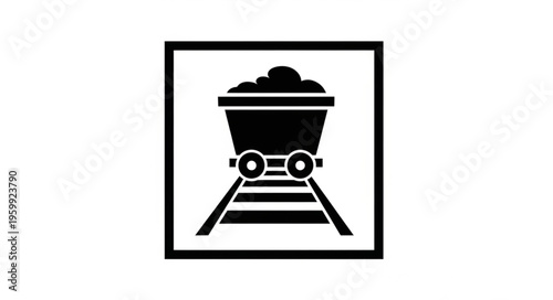 Iconic Coal Mining Cart on Rails Symbol.