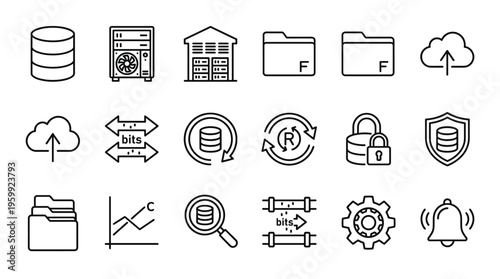 Set of 20 Black Outline Data Management and Technology Icons Vector