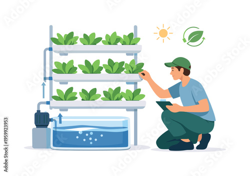 Sustainable agriculture innovation scene showing a grower managing hydroponic farming systems in a controlled indoor environment to produce fresh crops efficiently, with a person