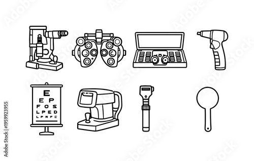 Ophthalmology examination tools: slit lamp, phoropter, trial lens set, tonometer, eye chart, autorefractor, retinoscope, occluder paddle