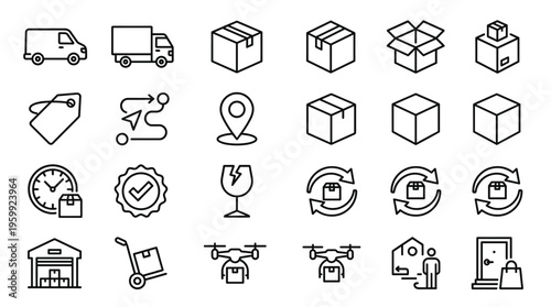 Set of 25 Black Outline Delivery and Logistics Icons Vector