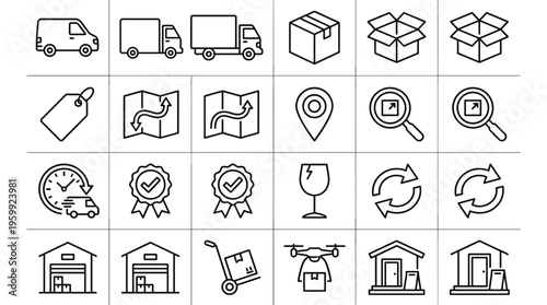 Set of 25 Delivery and Logistics Line Icons Vector