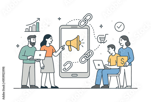 An online revenue model scenario where content creators and marketers leverage affiliate programs to monetize traffic and audience engagement, illustrated by a small group