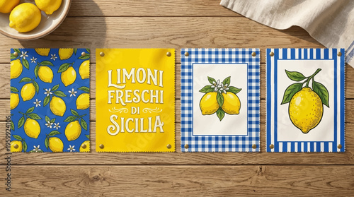 Colorful lemon kitchen towels on wooden table.