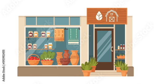 Rustic Farm Shop Facade. Local Market with Organic Produce, Jams & Artisan Goods. Flat Vector Illustration.