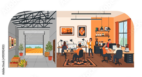 Agri-Business Synergy: Office Team Working with Fresh Produce Supply Chain & Farm Logistics | Modern Workplace Illustration