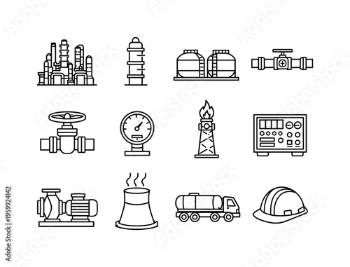 Oil refinery: refinery towers, distillation column, storage tanks, pipeline system, valve wheel, pressure gauge, flare stack, control panel, industrial pump, cooling tower, tanker