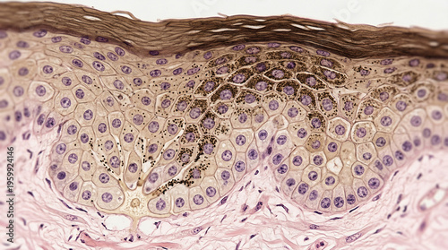 Human skin epidermis showing melanin gradient distribution in histology