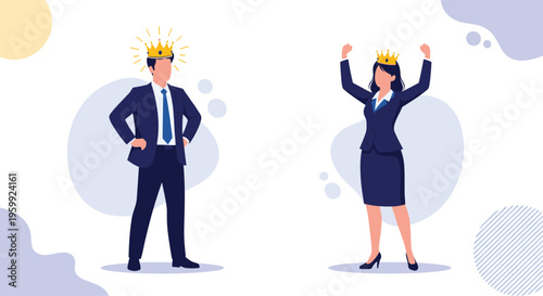 Professional businessman and businesswoman both wearing golden crowns and striking confident poses symbolizing career success and leadership.