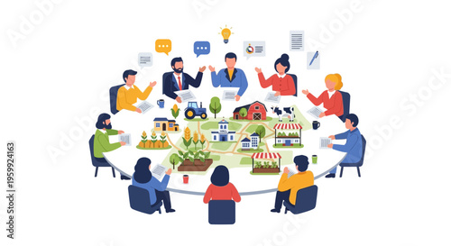 Agricultural Community Development & Planning: Diverse Team Collaborating on Sustainable Farming, Rural Economy, and Local Food Initiatives