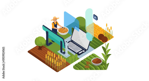 Smart Agriculture Technology Isometric Illustration: Farmer Using Digital Tools for Modern Crop Management and Sustainable Farming